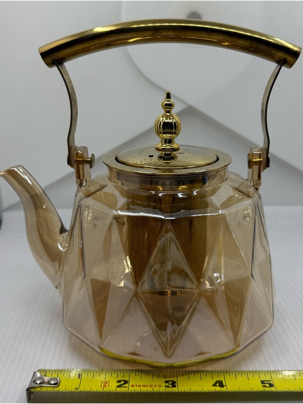 Charbrew Patterned Amber Borosilicate 1000 ml Teapot Gold Lid Infuser & Handle - Picture 4 of 6